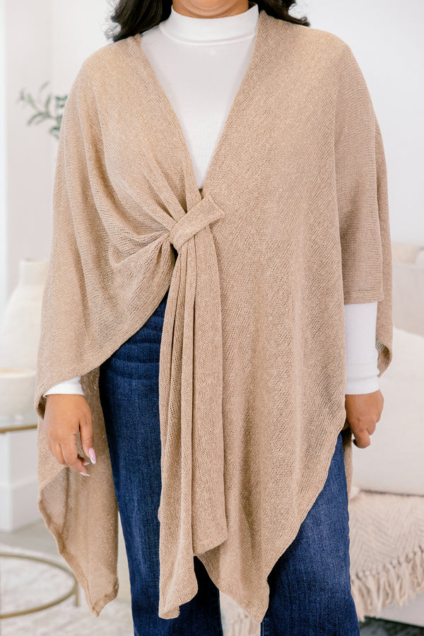 Chic Soul plus size clothing, almond flowy long sleeve poncho with tie in the middle