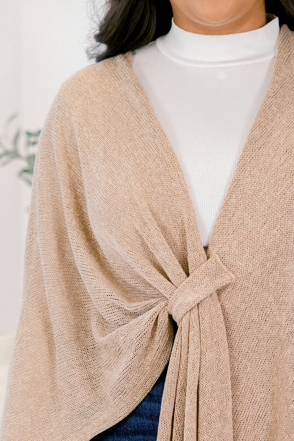 Chic Soul plus size clothing, almond flowy long sleeve poncho with tie in the middle