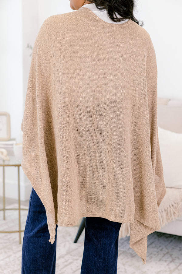 Chic Soul plus size clothing, almond flowy long sleeve poncho with tie in the middle