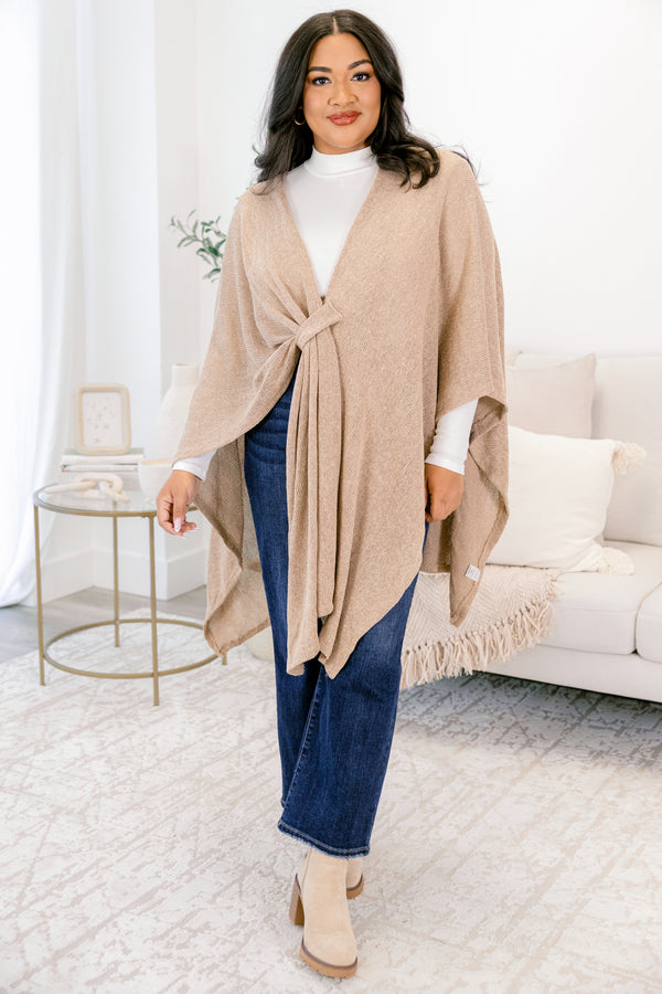 Chic Soul plus size clothing, almond flowy long sleeve poncho with tie in the middle