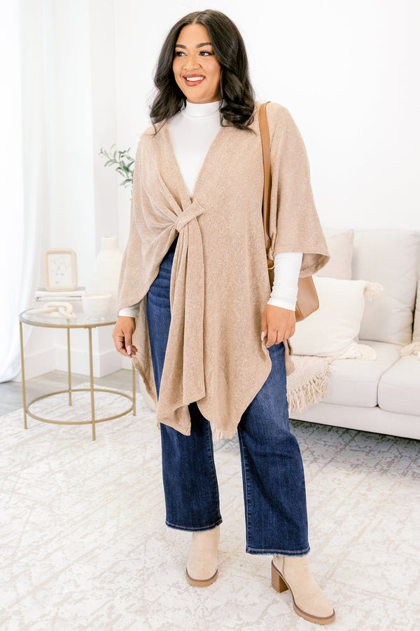 Chic Soul plus size clothing, almond flowy long sleeve poncho with tie in the middle