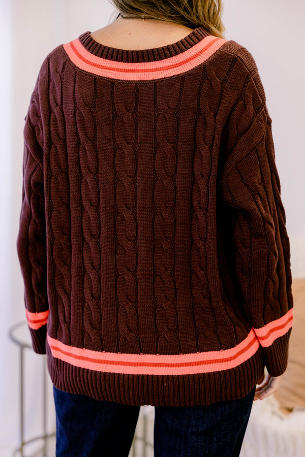 Chic Soul plus size clothing, brown knit v neckline sweater with orange stripe around the neckline, hem, and sleeves
