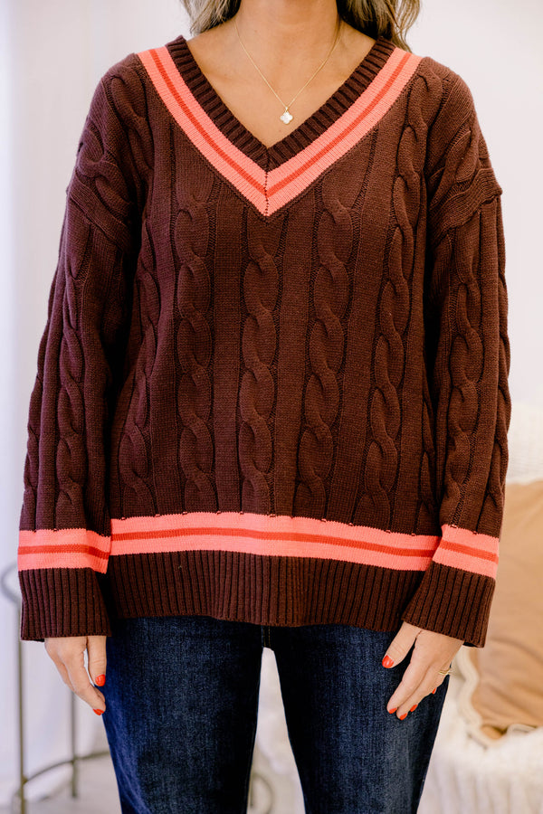 Chic Soul plus size clothing, brown knit v neckline sweater with orange stripe around the neckline, hem, and sleeves