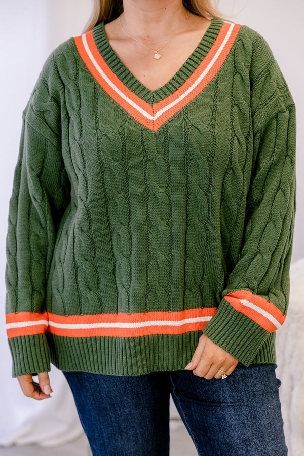 Chic Soul plus size clothing, dark green cable knit v neck sweater with orange stripe around the neckline and sleeves