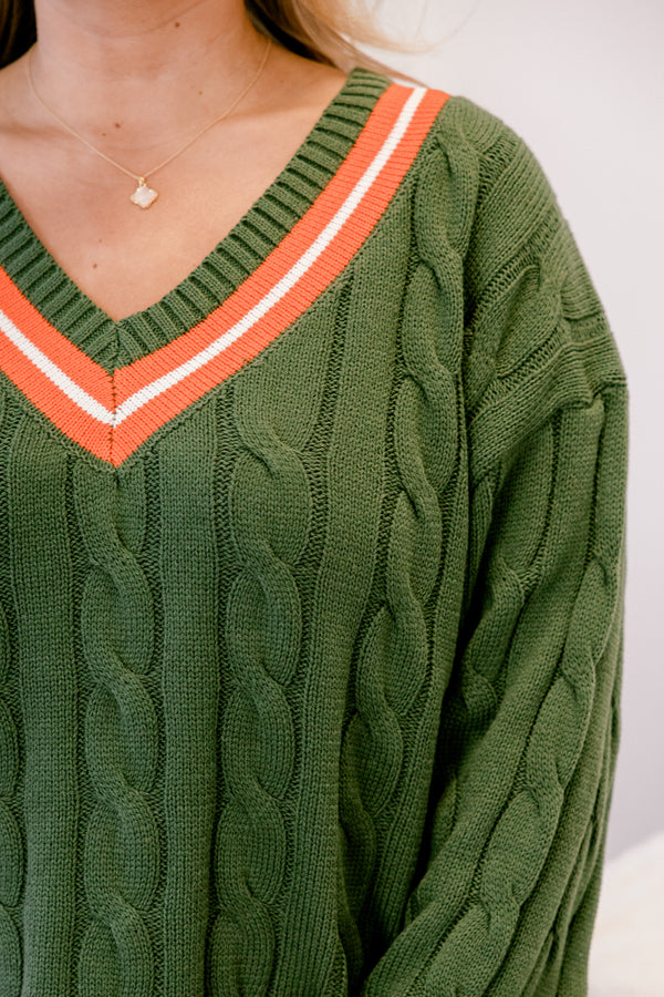 Chic Soul plus size clothing, dark green cable knit v neck sweater with orange stripe around the neckline and sleeves