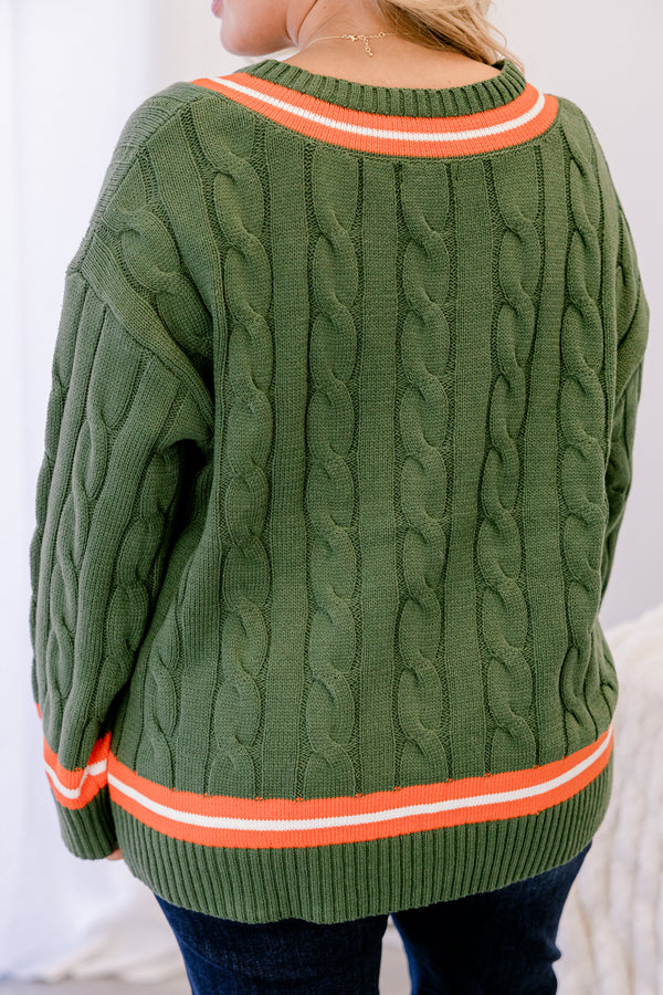 Chic Soul plus size clothing, dark green cable knit v neck sweater with orange stripe around the neckline and sleeves