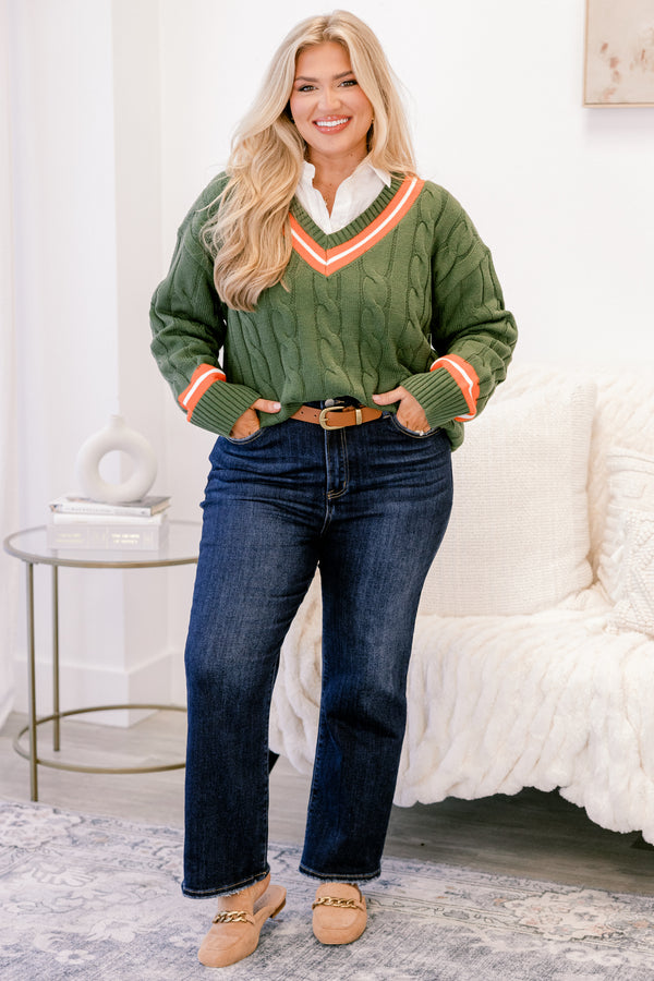 Chic Soul plus size clothing, dark green cable knit v neck sweater with orange stripe around the neckline and sleeves