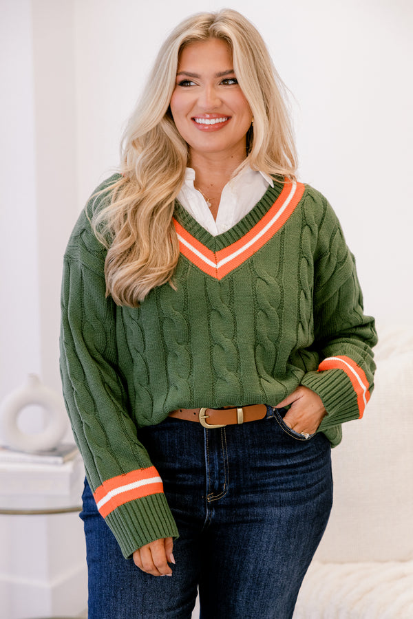 Chic Soul plus size clothing, dark green cable knit v neck sweater with orange stripe around the neckline and sleeves