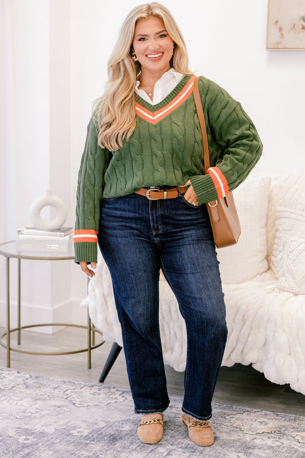 Chic Soul plus size clothing, dark green cable knit v neck sweater with orange stripe around the neckline and sleeves