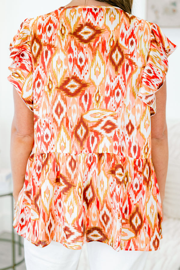 Chic Soul plus size clothing, sleeveless white and orange baby doll top with Aztec pattern