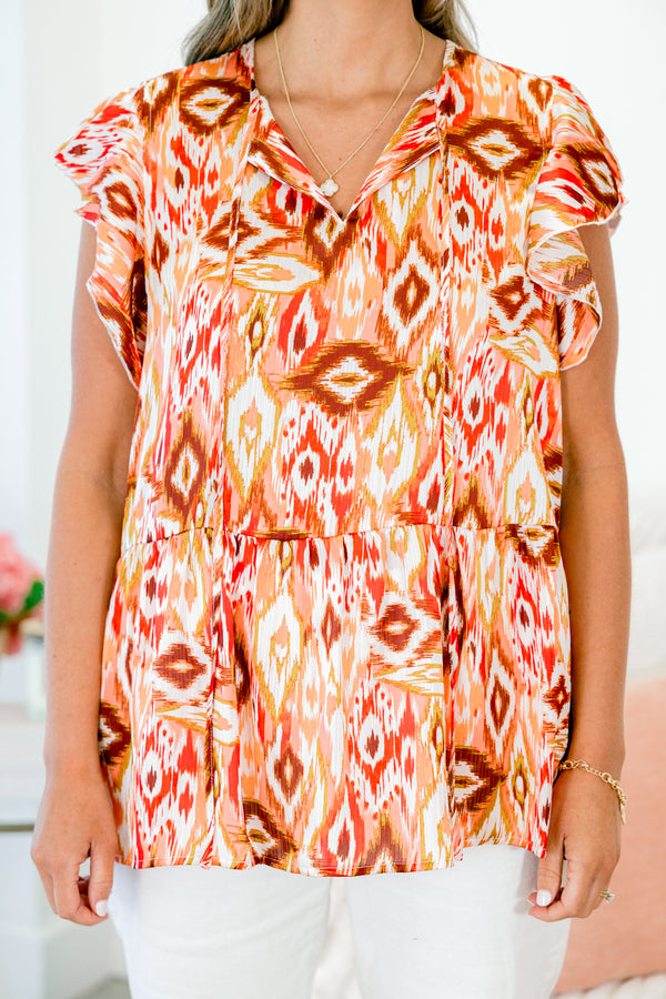 Chic Soul plus size clothing, sleeveless white and orange baby doll top with Aztec pattern