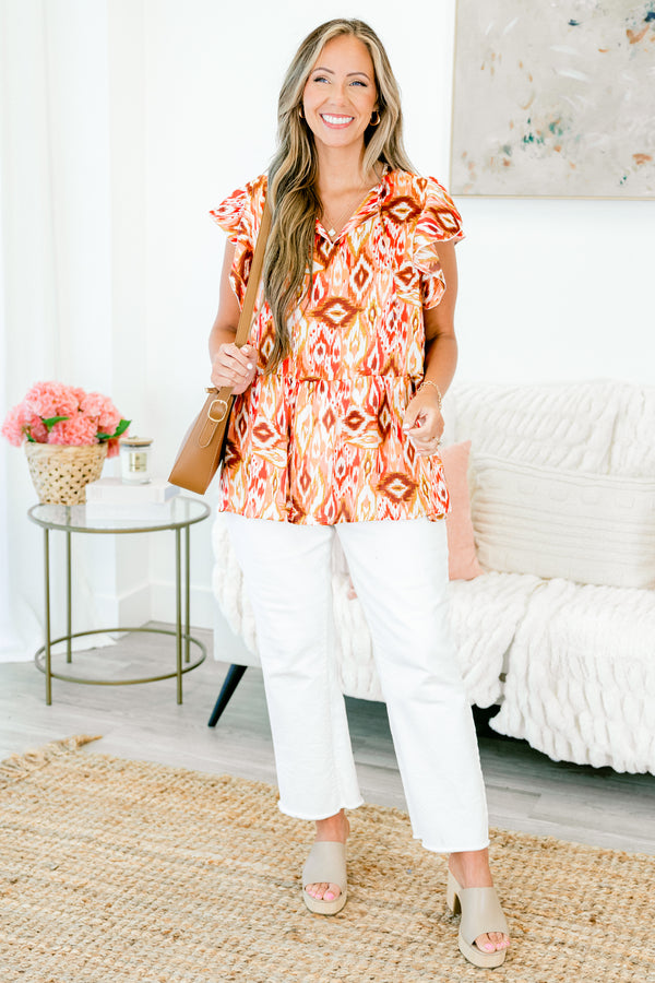 Chic Soul plus size clothing, sleeveless white and orange baby doll top with Aztec pattern