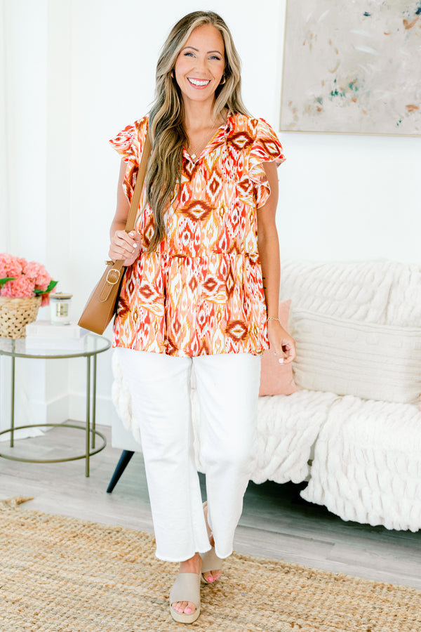 Chic Soul plus size clothing, sleeveless white and orange baby doll top with Aztec pattern