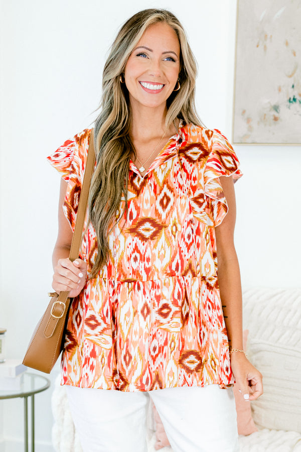 Chic Soul plus size clothing, sleeveless white and orange baby doll top with Aztec pattern 
