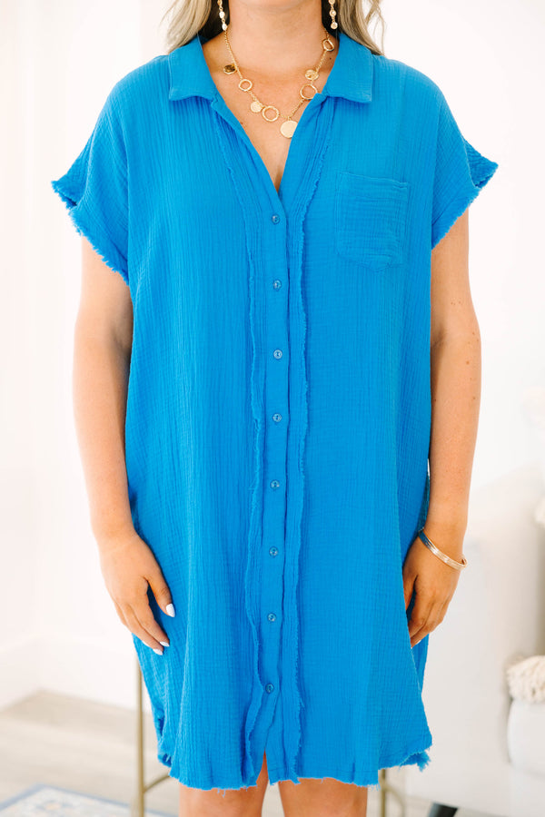 Chic Soul plus size clothing, cerulean blue short sleeve button down short dress with collar and left side front pocket