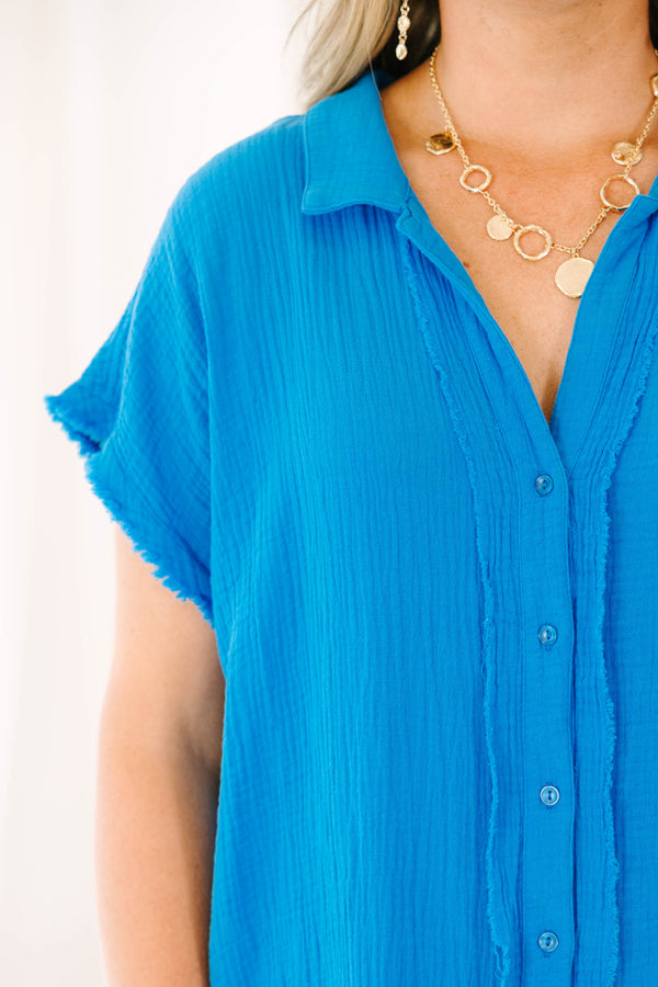 Chic Soul plus size clothing, cerulean blue short sleeve button down short dress with collar and left side front pocket