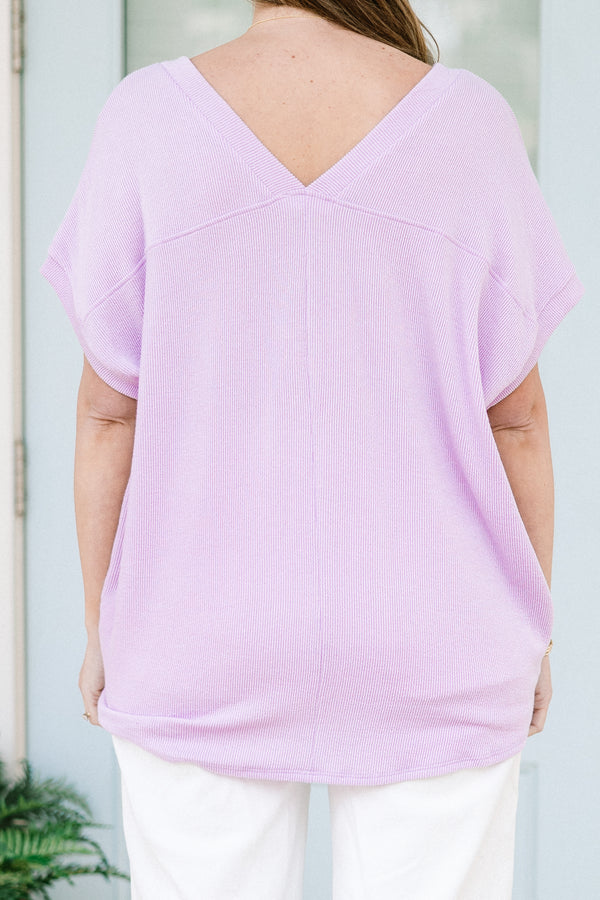 Chic Soul plus size clothing, short-sleeve lavender purple top with a pocket on the bodice and a v-neckline 