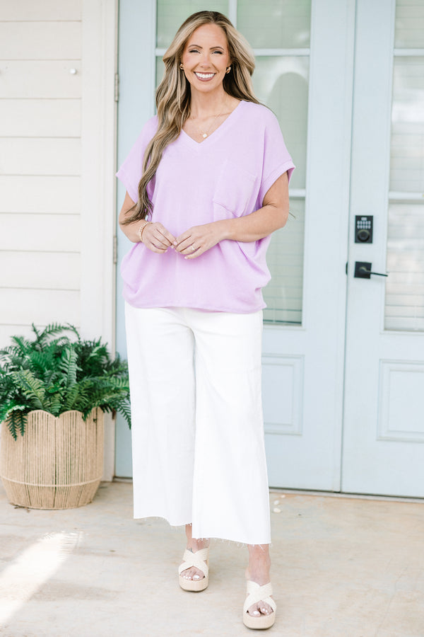 Chic Soul plus size clothing, short-sleeve lavender purple top with a pocket on the bodice and a v-neckline 