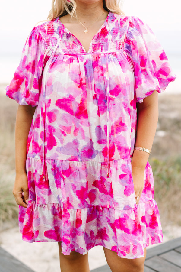 Chic Soul plus size clothing, hot pink muti tone water color floral print short puff sleeve baby doll dress