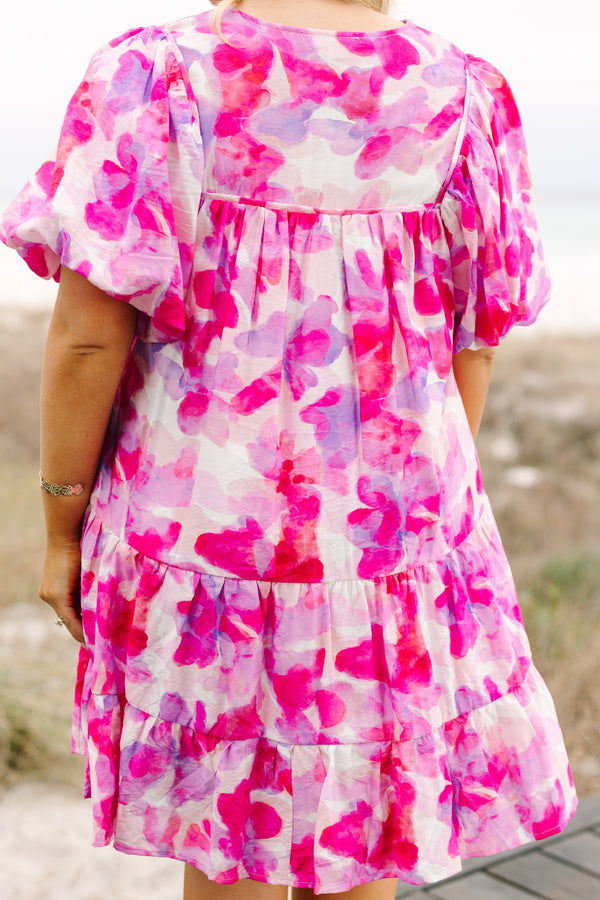 Chic Soul plus size clothing, hot pink muti tone water color floral print short puff sleeve baby doll dress