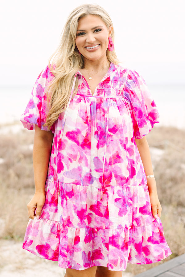 Chic Soul plus size clothing, hot pink muti tone water color floral print short puff sleeve baby doll dress