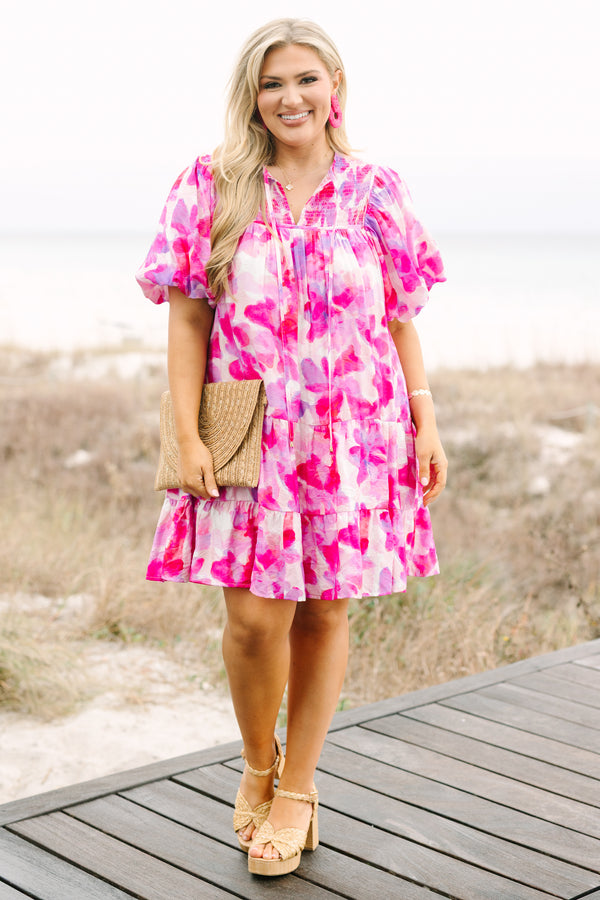 Chic Soul plus size clothing, hot pink muti tone water color floral print short puff sleeve baby doll dress