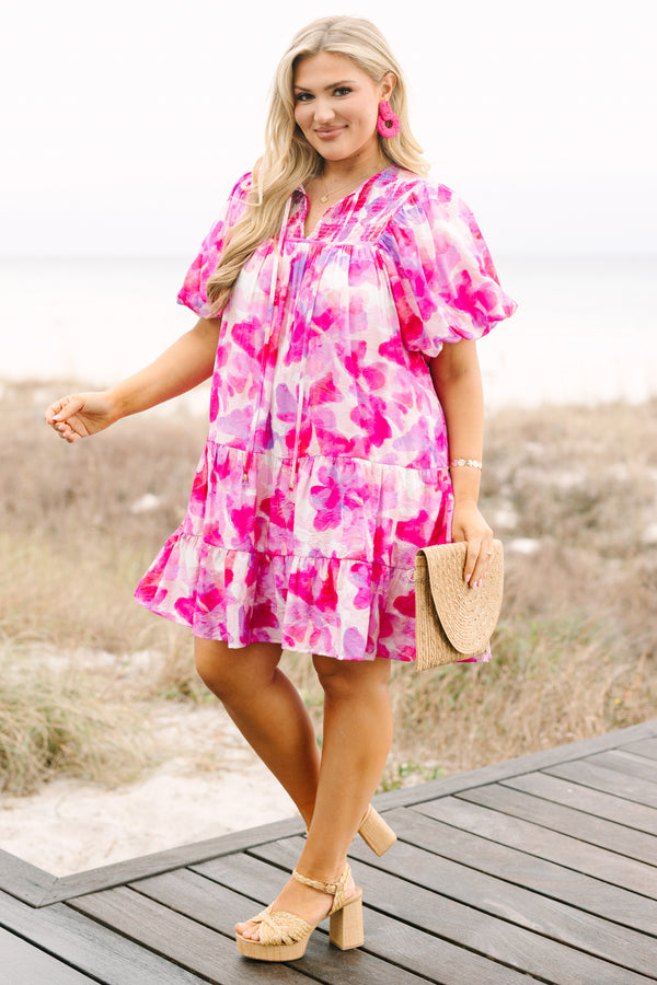 Chic Soul plus size clothing, hot pink muti tone water color floral print short puff sleeve baby doll dress