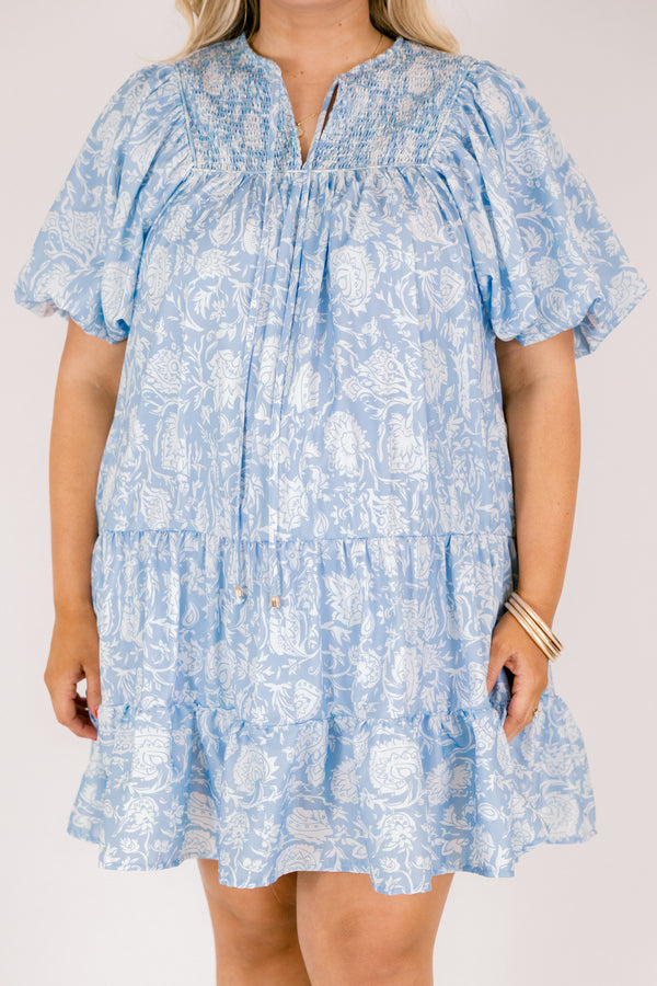 Chic Soul plus size clothing, light blue floral print short puff sleeve tiered baby doll dress with v neck cutout and tassels hanging from the neckline