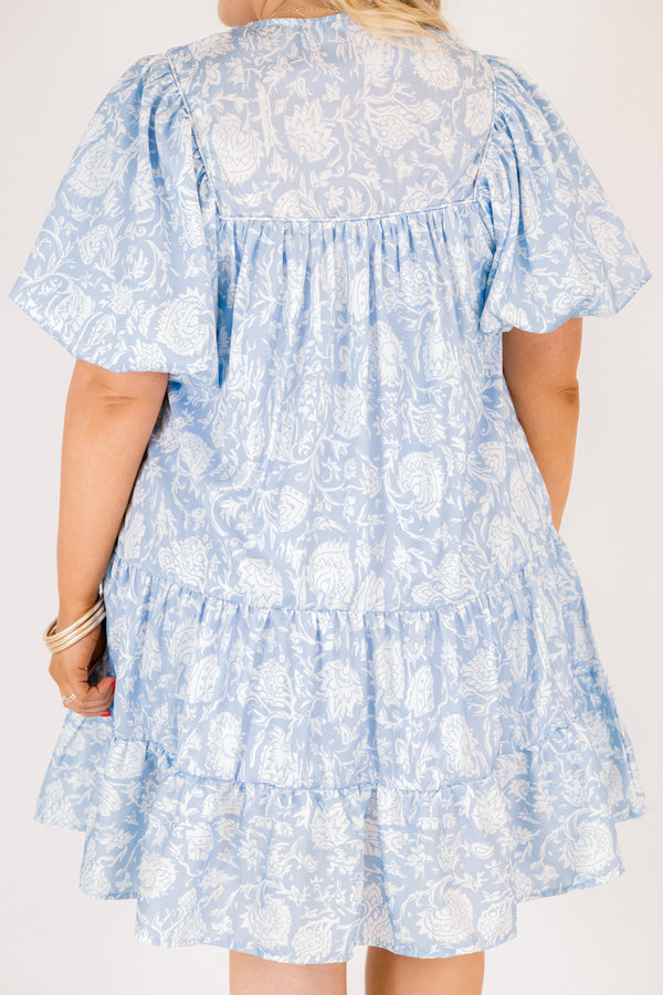 Chic Soul plus size clothing, light blue floral print short puff sleeve tiered baby doll dress with v neck cutout and tassels hanging from the neckline