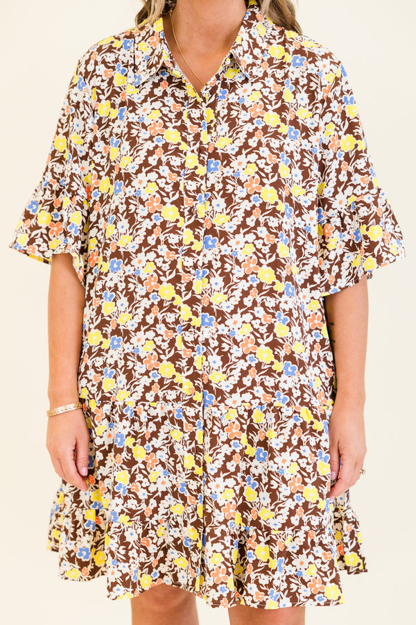 Chic Soul plus size clothing, brown multi floral print short sleeve mini dress with button up detail with collar detail