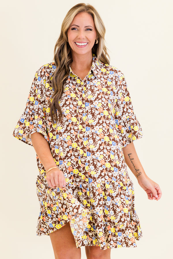 Chic Soul plus size clothing, brown multi floral print short sleeve mini dress with button up detail with collar detail