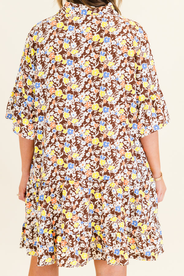 Chic Soul plus size clothing, brown multi floral print short sleeve mini dress with button up detail with collar detail