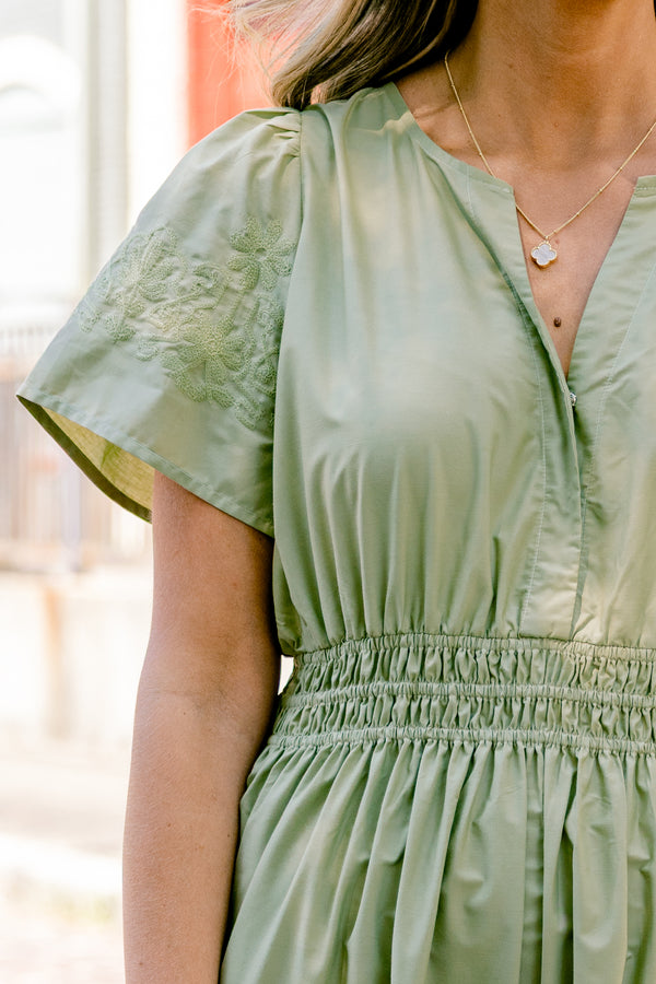 Chic Soul plus size clothing, olive green short sleeve maxi dress with cinched waist, flutter sleeves, tiered skirt, and v-neck detail