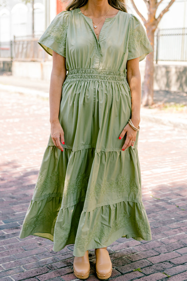 Chic Soul plus size clothing, olive green short sleeve maxi dress with cinched waist, flutter sleeves, tiered skirt, and v-neck detail