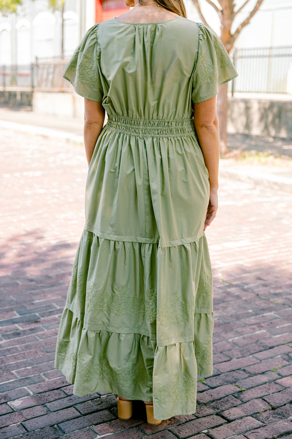 Chic Soul plus size clothing, olive green short sleeve maxi dress with cinched waist, flutter sleeves, tiered skirt, and v-neck detail