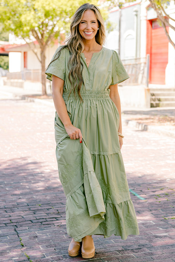 Chic Soul plus size clothing, olive green short sleeve maxi dress with cinched waist, flutter sleeves, tiered skirt, and v-neck detail