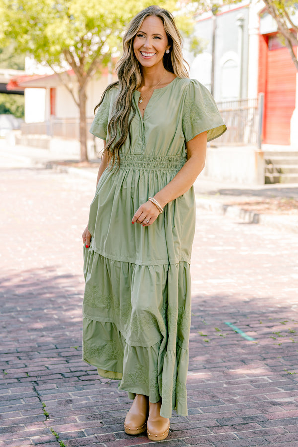 Chic Soul plus size clothing, olive green short sleeve maxi dress with cinched waist, flutter sleeves, tiered skirt, and v-neck detail
