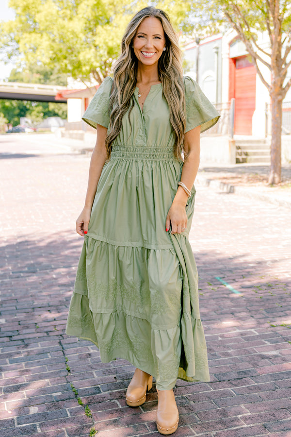 Chic Soul plus size clothing, olive green short sleeve maxi dress with cinched waist, flutter sleeves, tiered skirt, and v-neck detail