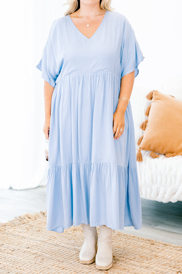 Chic Soul plus size clothing, blue short sleeve midi dress with tiered detail with v neckline and cinched waist