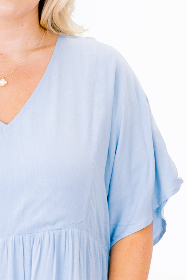 Chic Soul plus size clothing, blue short sleeve midi dress with tiered detail with v neckline and cinched waist