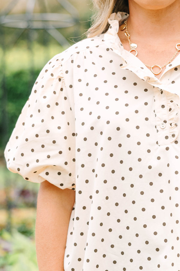 Plus size short sleeve cream top with brown polka dots