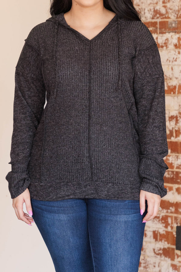 Chic Soul plus size clothing, black and charcoal colored long sleeve soft top with v neckline