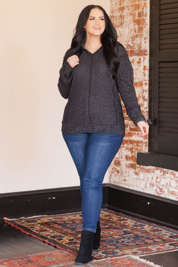 Chic Soul plus size clothing, black and charcoal colored long sleeve soft top with v neckline