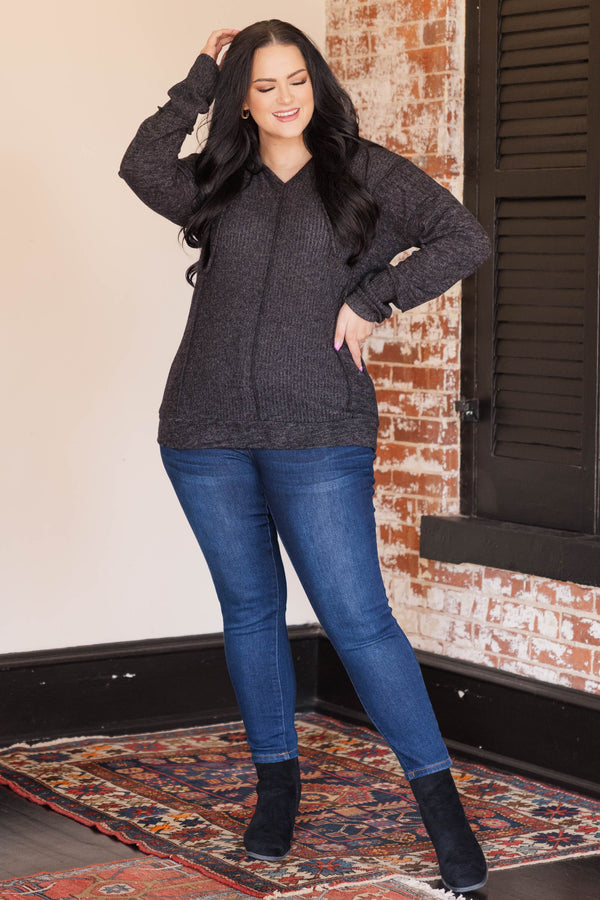 Chic Soul plus size clothing, black and charcoal colored long sleeve soft top with v neckline