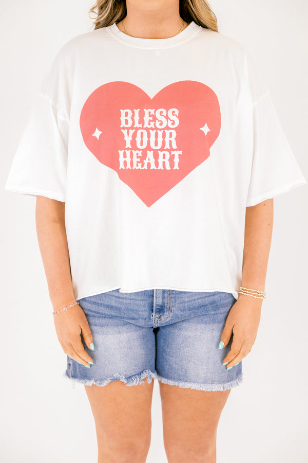 Chic Soul plus size clothing, white short sleeve boyfriend tee with large red heart and 
