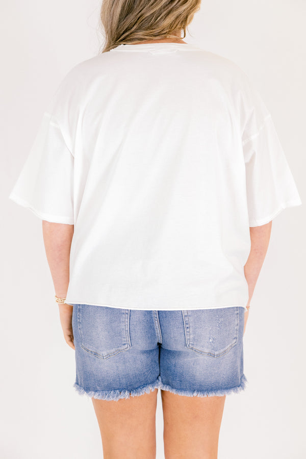 Chic Soul plus size clothing, white short sleeve boyfriend tee with large red heart and 