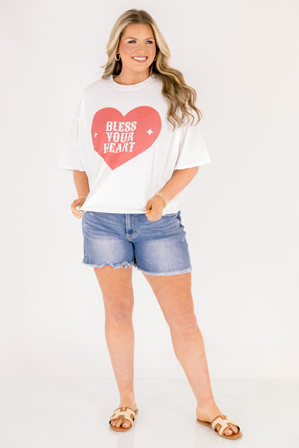 Chic Soul plus size clothing, white short sleeve boyfriend tee with large red heart and 
