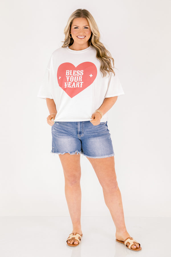 Chic Soul plus size clothing, white short sleeve boyfriend tee with large red heart and 