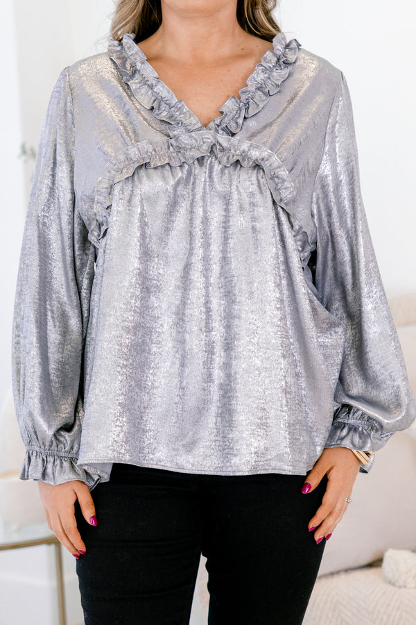 Chic Soul plus size clothing, silver long sleeve top with ruffles on the end of the sleeves and outlining the chest