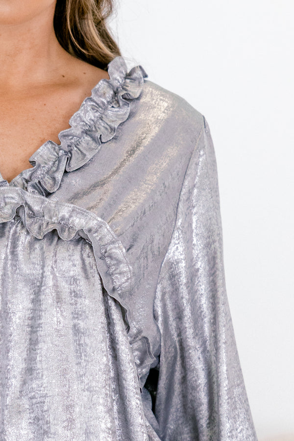 Chic Soul plus size clothing, silver long sleeve top with ruffles on the end of the sleeves and outlining the chest
